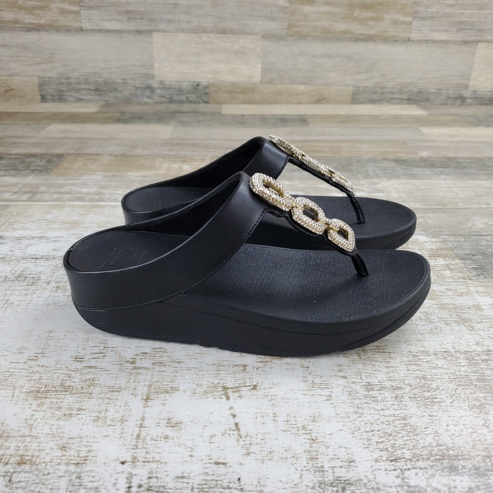 Fitflop Fino Crystal Chain Womens Toe Post Sandals Sz 7 Black Leather Slip On